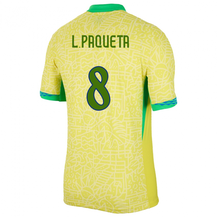 Mænd Brasilien Lucas Paqueta #8 Gul Hjemmebane Spillertrøjer 24-26 Trøje T-Shirt
