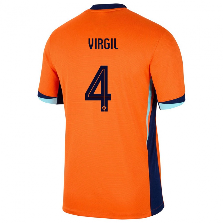 Mænd Holland Virgil Van Dijk #4 Orange Hjemmebane Spillertrøjer 24-26 Trøje T-Shirt