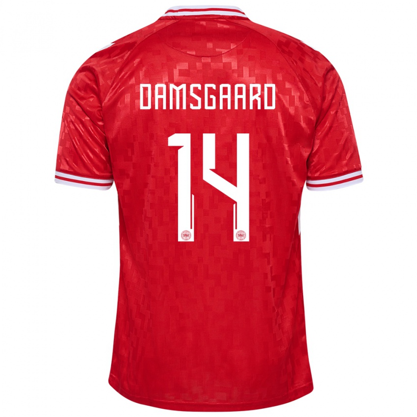 Mænd Danmark Mikkel Damsgaard #14 Rød Hjemmebane Spillertrøjer 24-26 Trøje T-Shirt