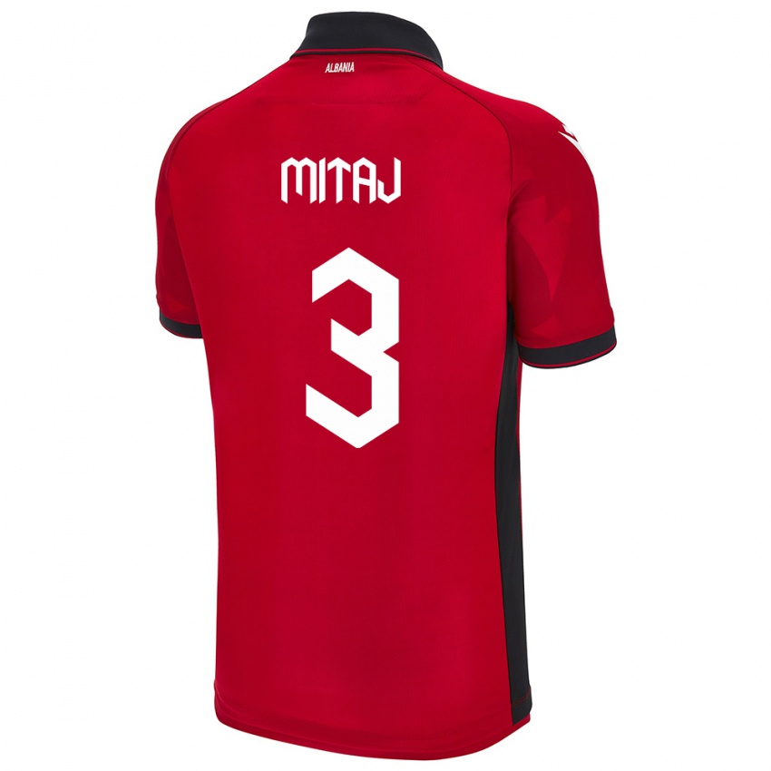 Mænd Albanien Mario Mitaj #3 Rød Hjemmebane Spillertrøjer 24-26 Trøje T-Shirt