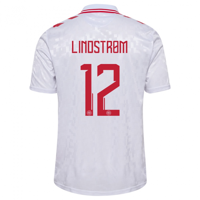 Mænd Danmark Jesper Lindstrom #12 Hvid Udebane Spillertrøjer 24-26 Trøje T-Shirt