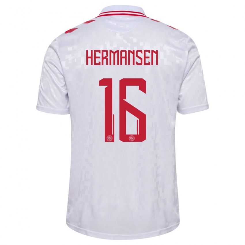 Mænd Danmark Mads Hermansen #16 Hvid Udebane Spillertrøjer 24-26 Trøje T-Shirt