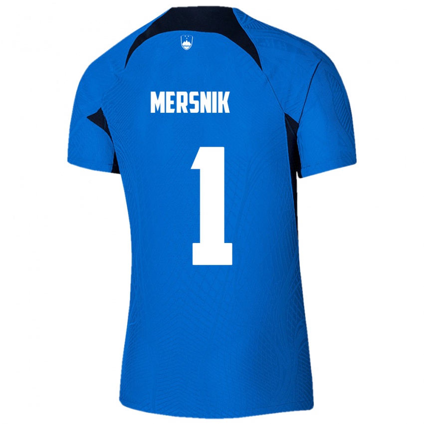 Mænd Slovenien Zala Meršnik #1 Blå Udebane Spillertrøjer 24-26 Trøje T-Shirt