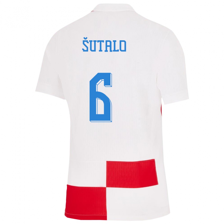 Kvinder Kroatien Josip Sutalo #6 Hvid Rød Hjemmebane Spillertrøjer 24-26 Trøje T-Shirt