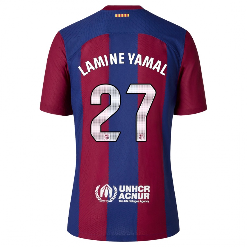 Børn Lamine Yamal #27 Rød Blå Hjemmebane Spillertrøjer 2023/24 Trøje T-Shirt