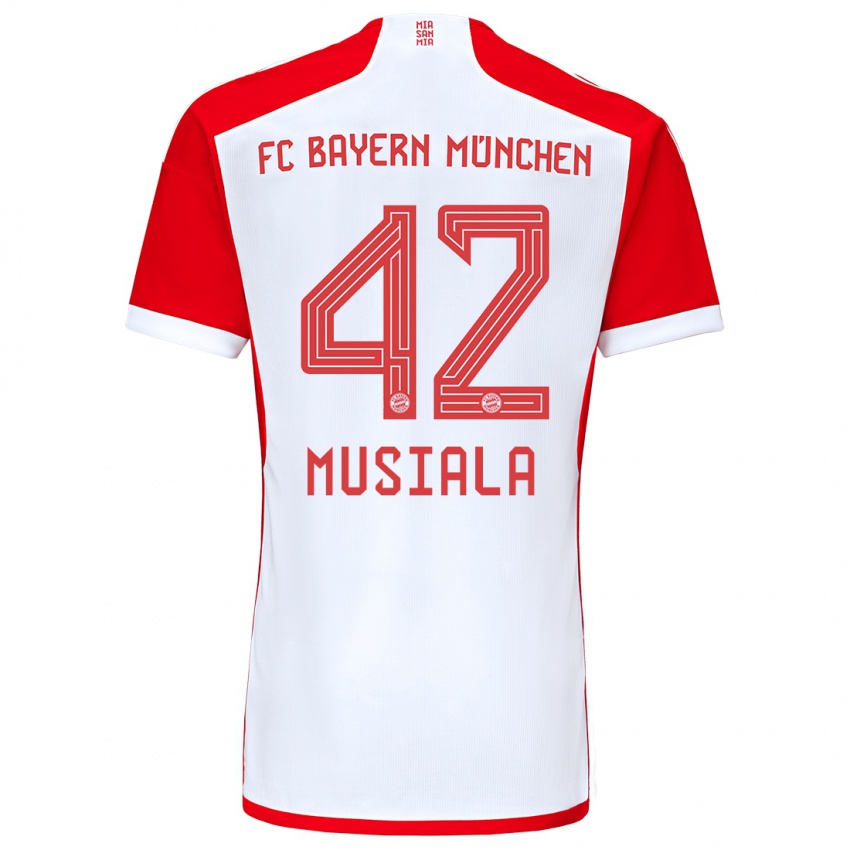 Børn Jamal Musiala #42 Rød Hvid Hjemmebane Spillertrøjer 2023/24 Trøje T-Shirt