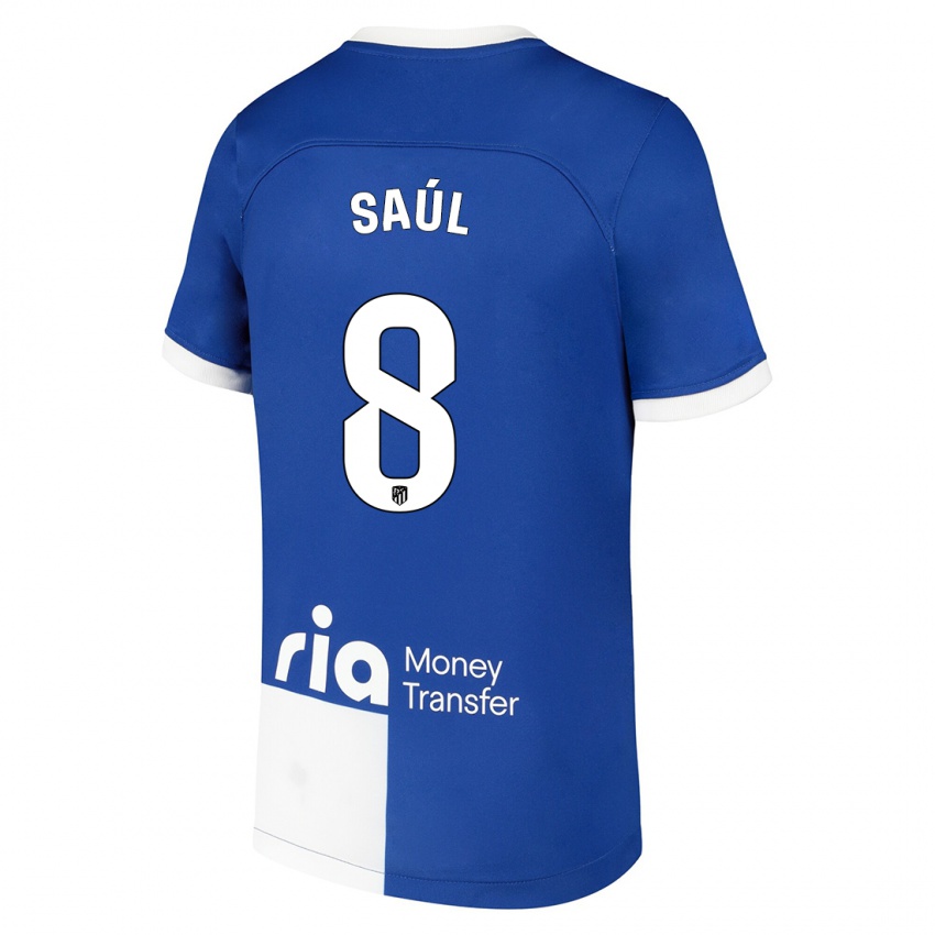 Børn Saul Niguez #8 Blå Hvid Udebane Spillertrøjer 2023/24 Trøje T-Shirt