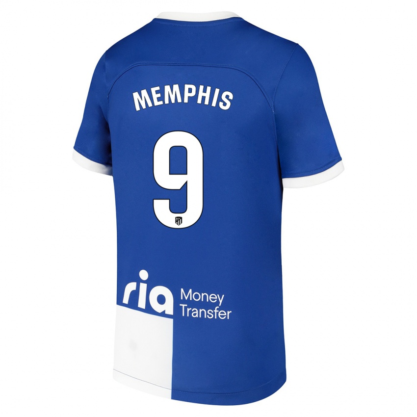 Børn Memphis Depay #9 Blå Hvid Udebane Spillertrøjer 2023/24 Trøje T-Shirt