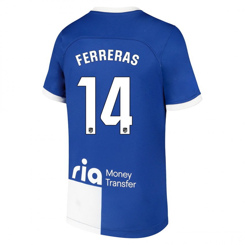 Børn Adrian Ferreras #14 Blå Hvid Udebane Spillertrøjer 2023/24 Trøje T-Shirt