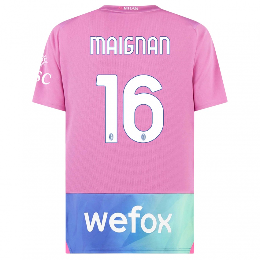 Børn Mike Maignan #16 Pink Lilla Tredje Sæt Spillertrøjer 2023/24 Trøje T-Shirt