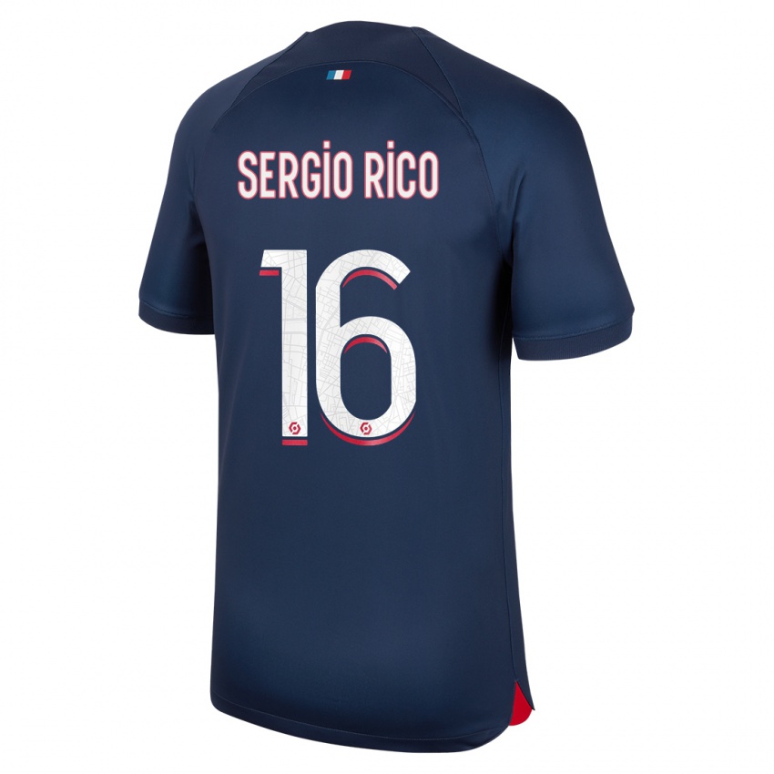 Mænd Sergio Rico #16 Blå Rød Hjemmebane Spillertrøjer 2023/24 Trøje T-Shirt