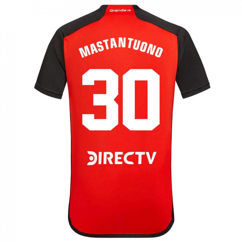 Børn Franco Mastantuono #30 Rød Sort Hvid Udebane Spillertrøjer 2024/25 Trøje T-Shirt