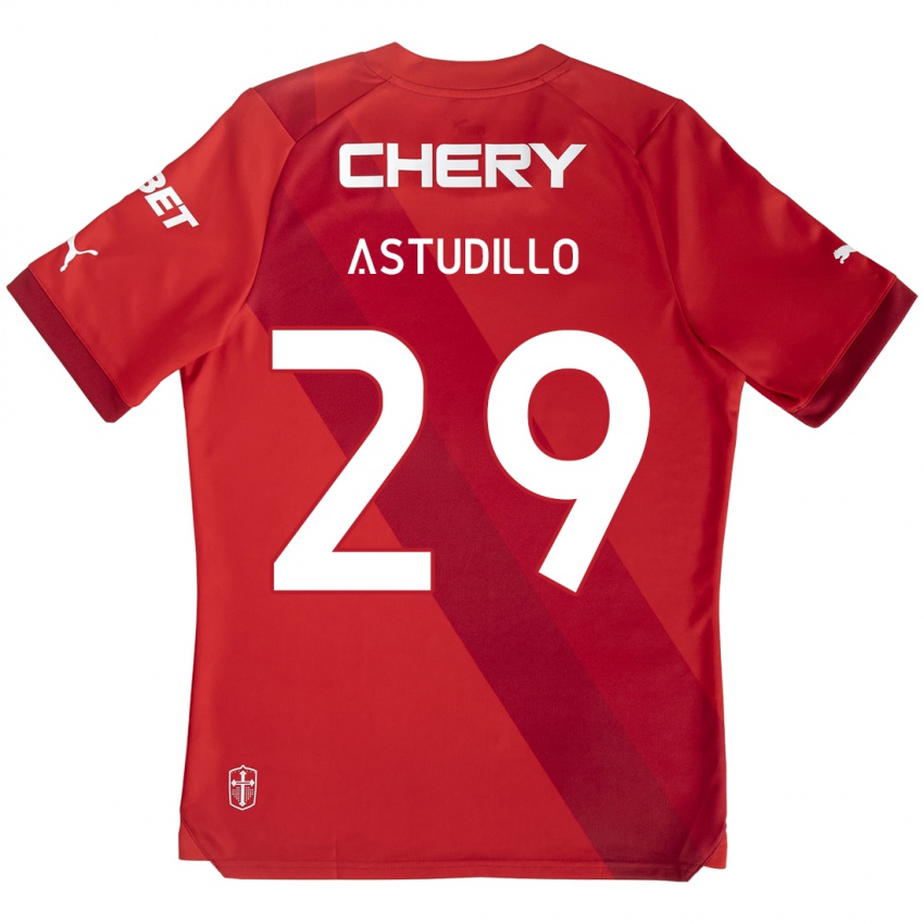 Børn Aaron Astudillo #29 Rød Hvid Udebane Spillertrøjer 2024/25 Trøje T-Shirt