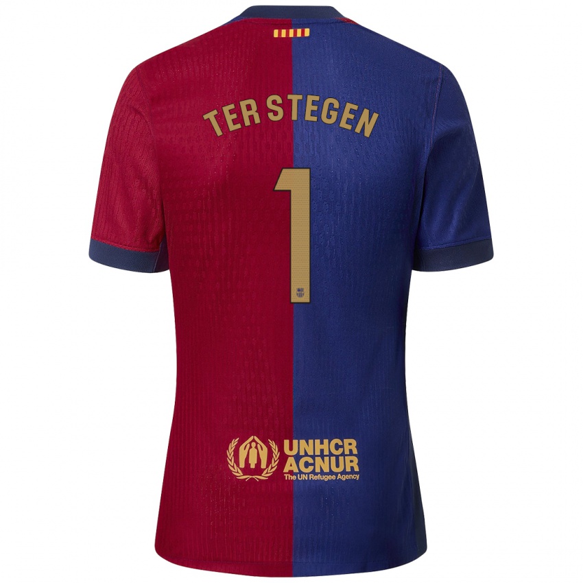 Børn Marc-Andre Ter Stegen #1 Blå Rød Hjemmebane Spillertrøjer 2024/25 Trøje T-Shirt