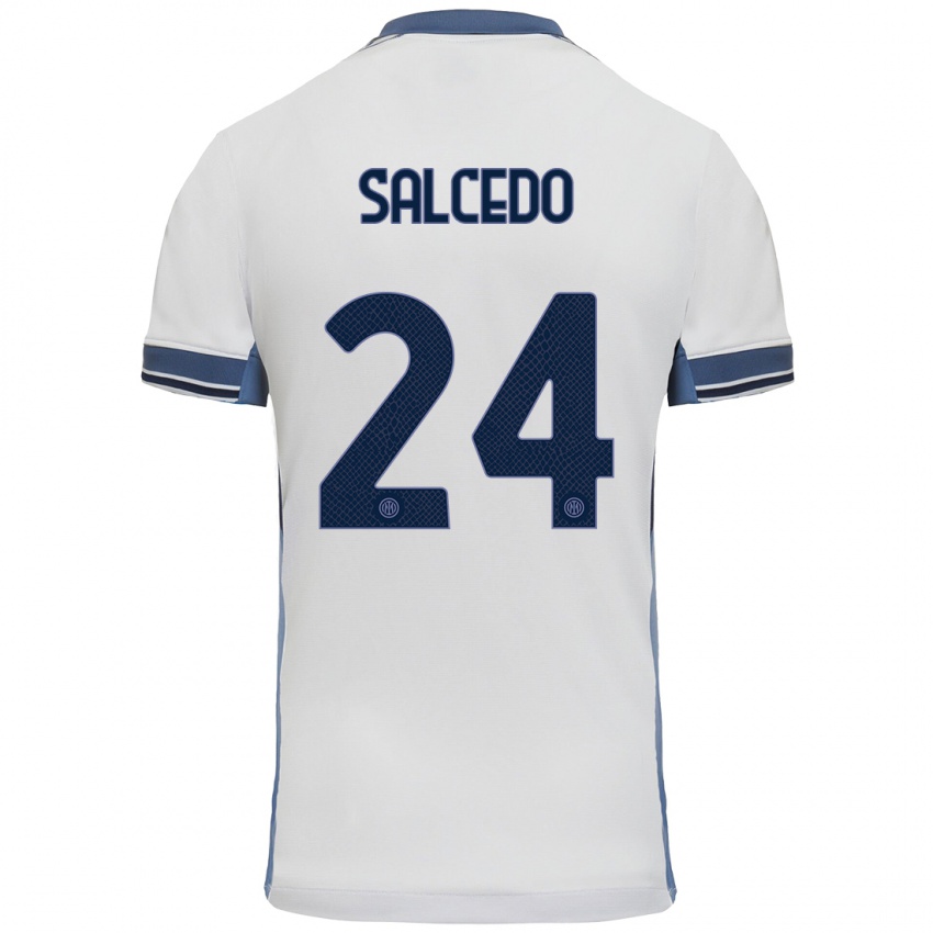 Børn Eddie Salcedo #24 Hvid Grå Udebane Spillertrøjer 2024/25 Trøje T-Shirt