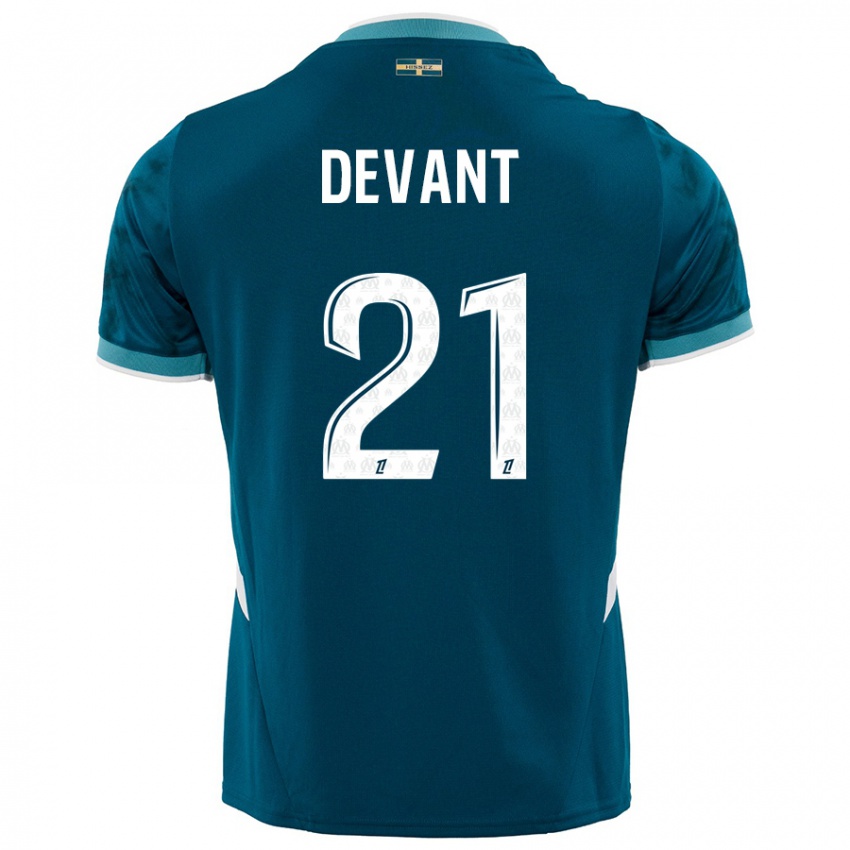 Børn Caroline Devant #21 Turkis Blå Udebane Spillertrøjer 2024/25 Trøje T-Shirt