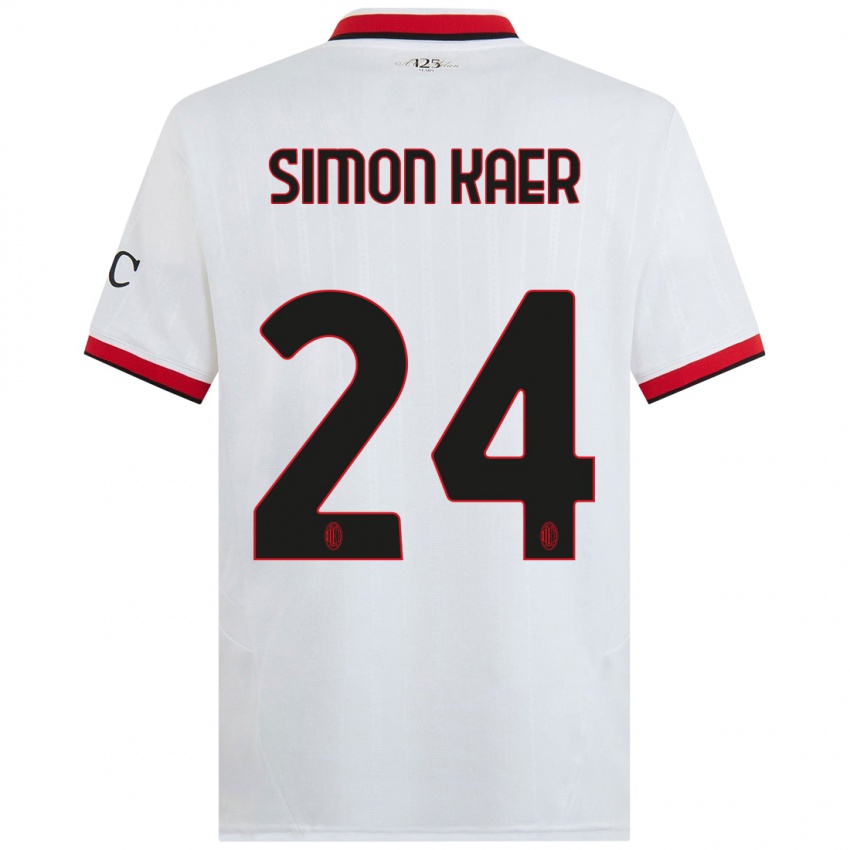 Børn Simon Kaer #24 Hvid Sort Rød Udebane Spillertrøjer 2024/25 Trøje T-Shirt