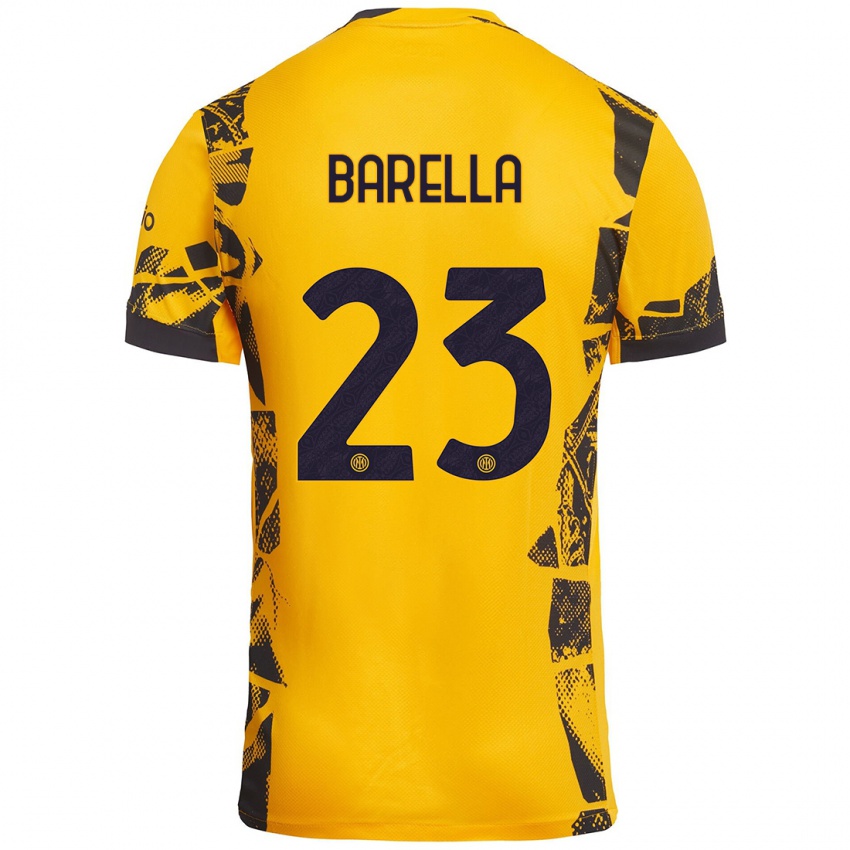 Børn Nicolò Barella #23 Guld Sort Tredje Sæt Spillertrøjer 2024/25 Trøje T-Shirt