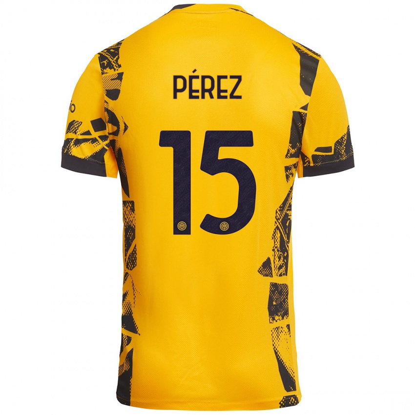 Børn Álex Pérez #15 Guld Sort Tredje Sæt Spillertrøjer 2024/25 Trøje T-Shirt