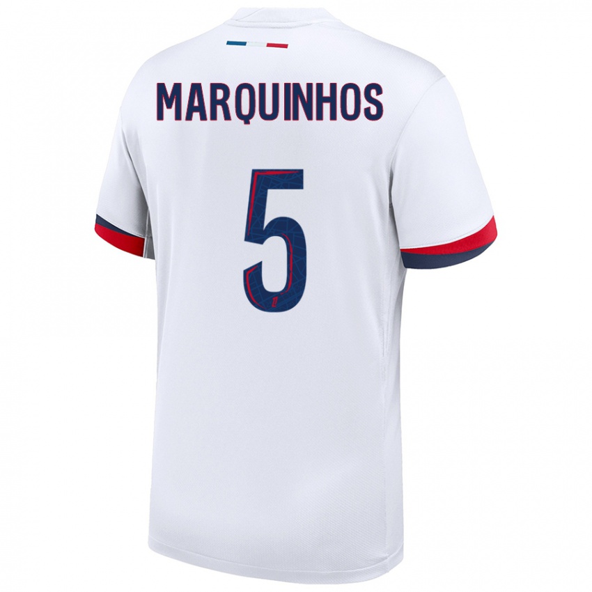 Mænd Marquinhos #5 Hvid Blå Rød Udebane Spillertrøjer 2024/25 Trøje T-Shirt