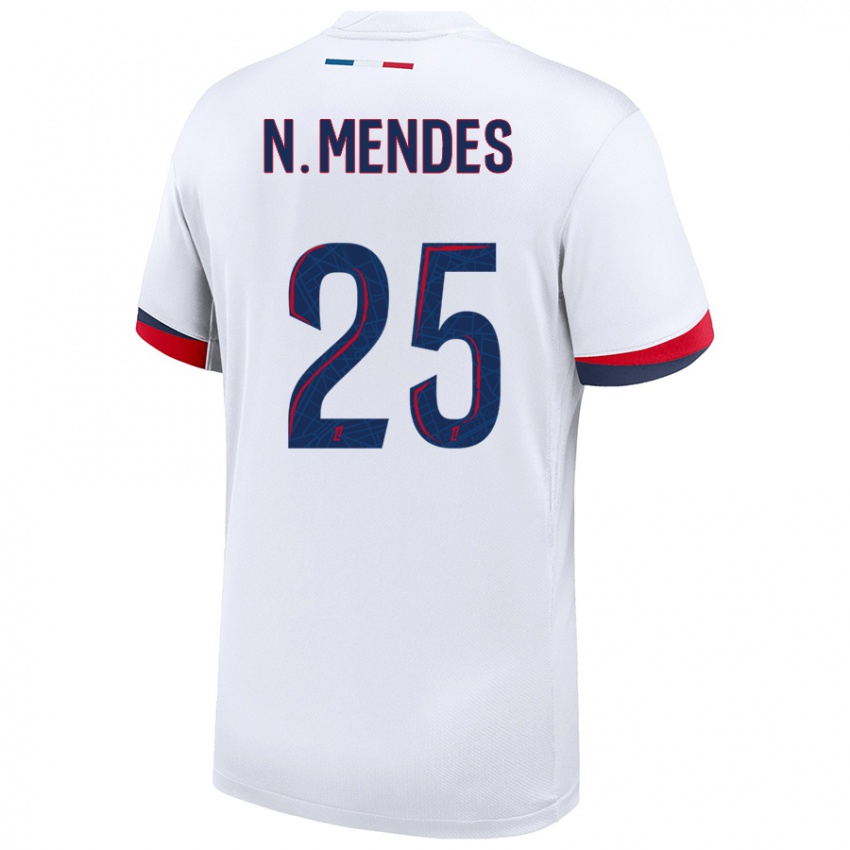 Mænd Nuno Mendes #25 Hvid Blå Rød Udebane Spillertrøjer 2024/25 Trøje T-Shirt