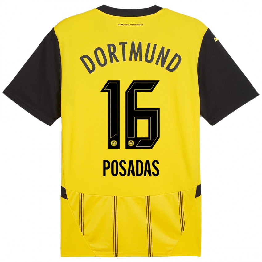 Børn Leonardo Posadas #16 Gul Sort Hjemmebane Spillertrøjer 2024/25 Trøje T-Shirt