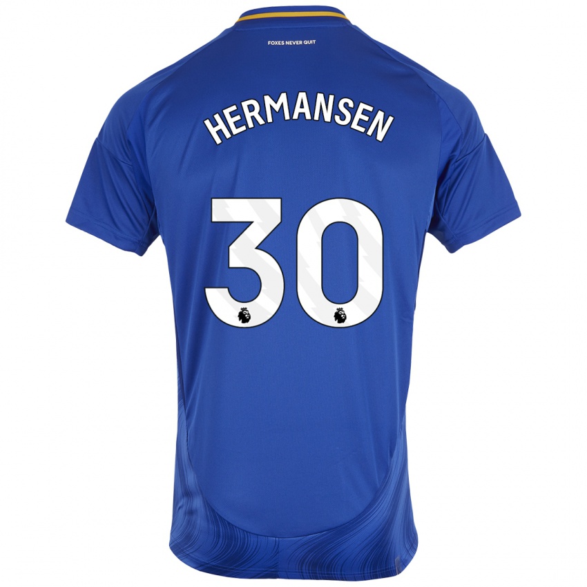 Børn Mads Hermansen #30 Blå Hvid Hjemmebane Spillertrøjer 2024/25 Trøje T-Shirt