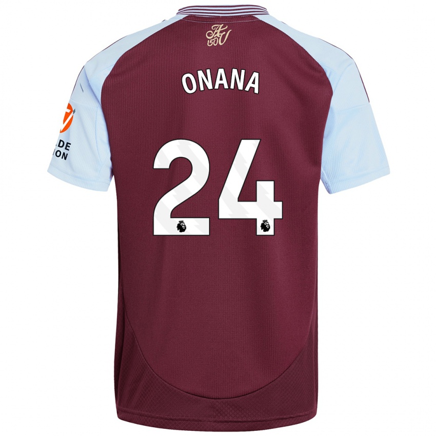 Børn Amadou Onana #24 Burgund Himmelblå Hjemmebane Spillertrøjer 2024/25 Trøje T-Shirt