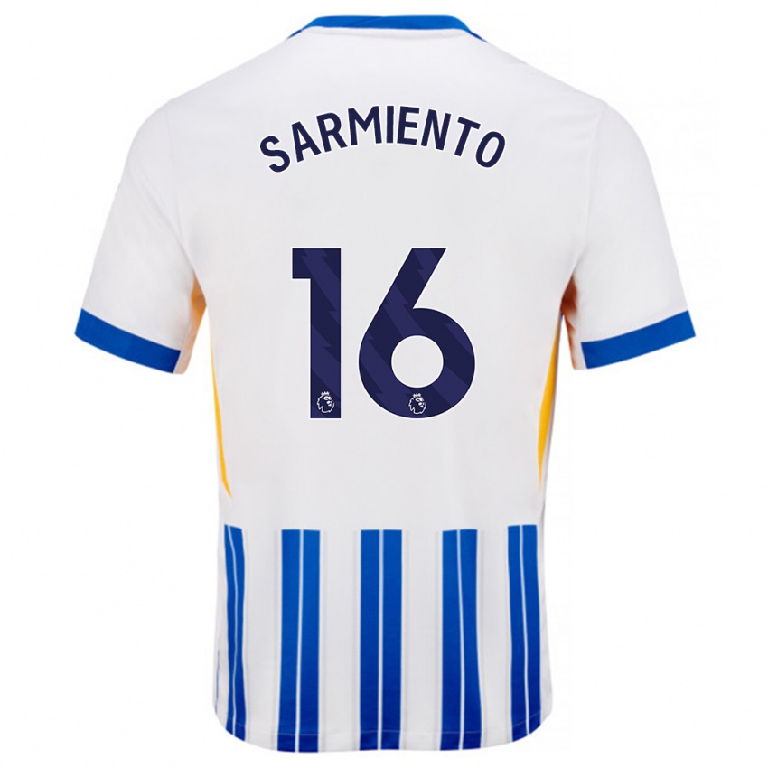 Børn Jeremy Sarmiento #16 Hvide Blå Nålestriber Hjemmebane Spillertrøjer 2024/25 Trøje T-Shirt