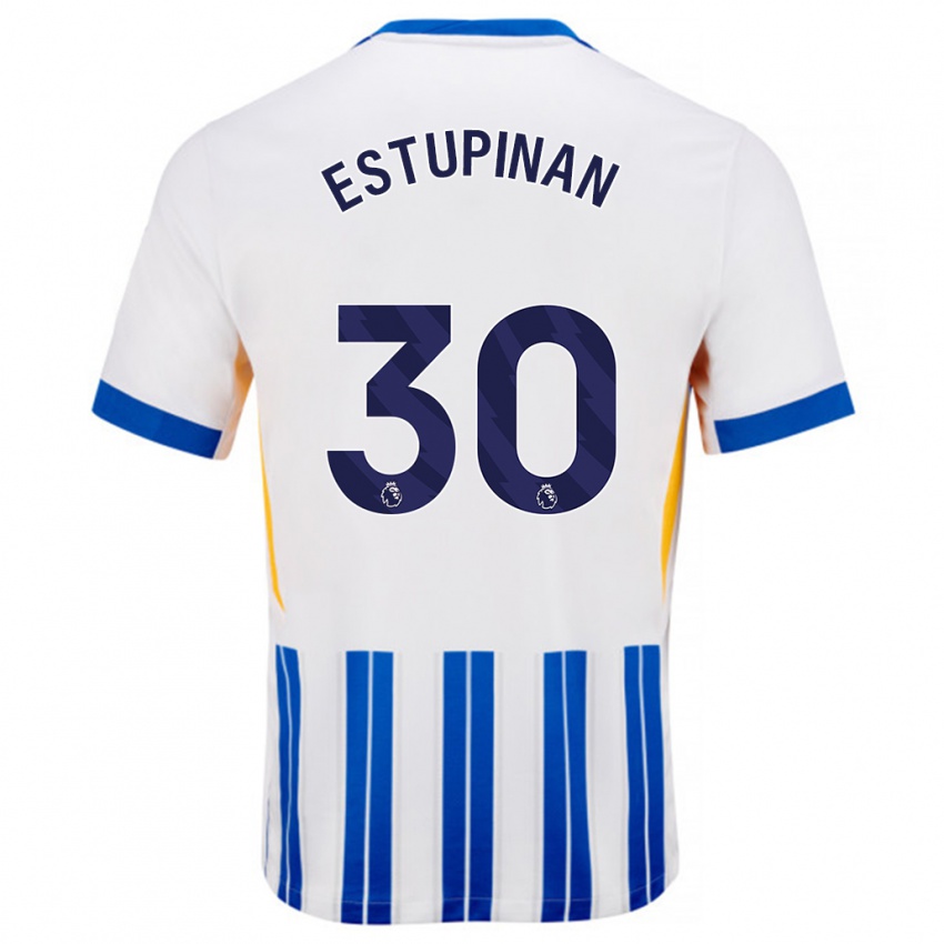 Børn Pervis Estupiñán #30 Hvide Blå Nålestriber Hjemmebane Spillertrøjer 2024/25 Trøje T-Shirt