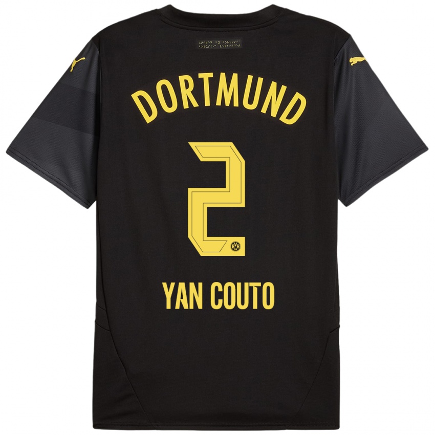 Børn Yan Couto #2 Sort Gul Udebane Spillertrøjer 2024/25 Trøje T-Shirt