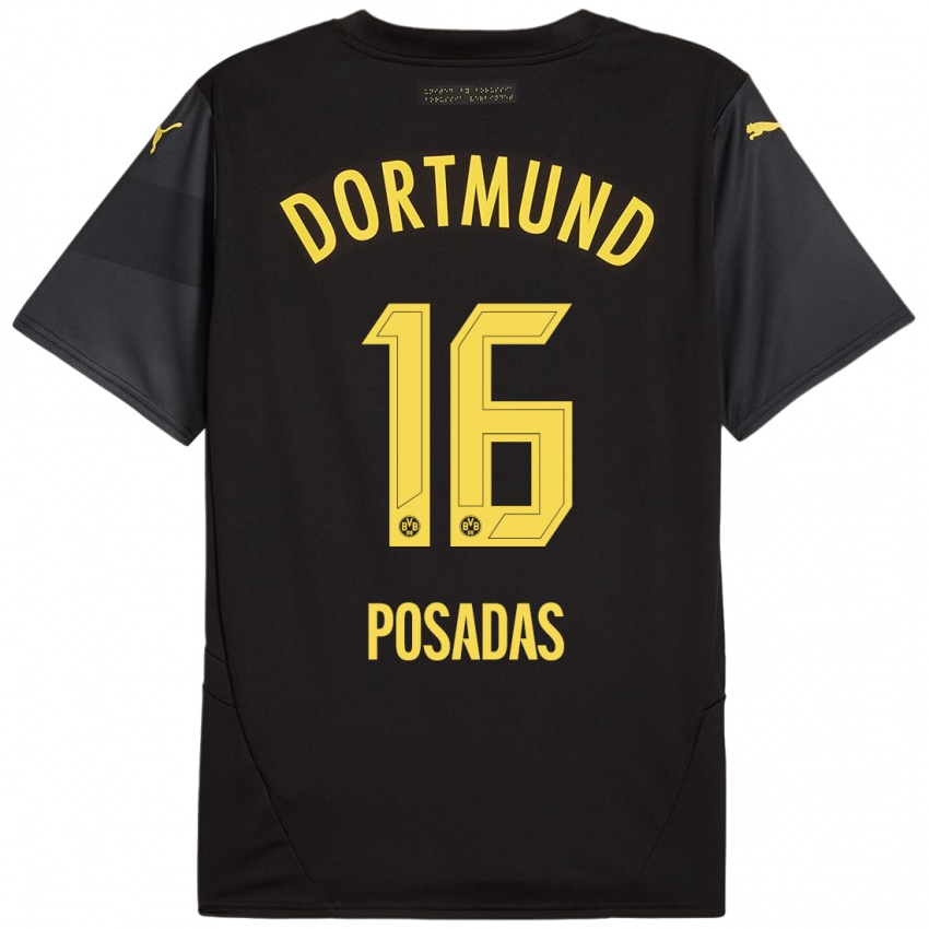 Børn Leonardo Posadas #16 Sort Gul Udebane Spillertrøjer 2024/25 Trøje T-Shirt