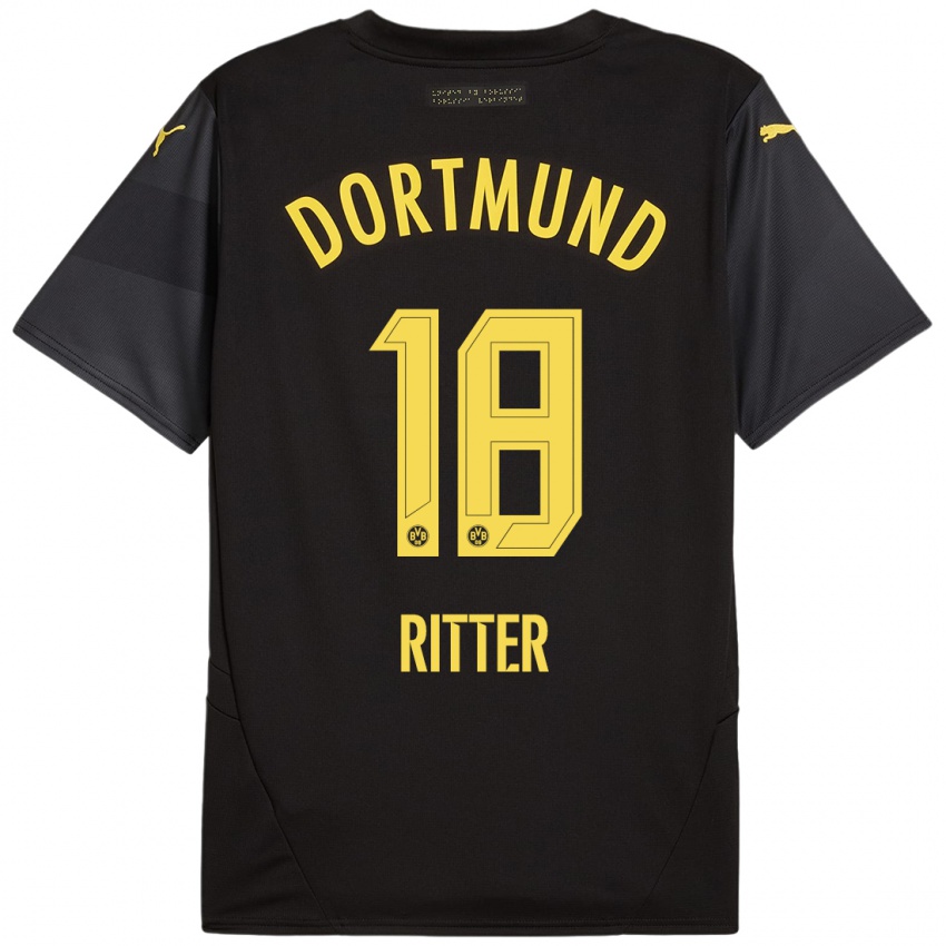 Børn Roméo Ritter #18 Sort Gul Udebane Spillertrøjer 2024/25 Trøje T-Shirt