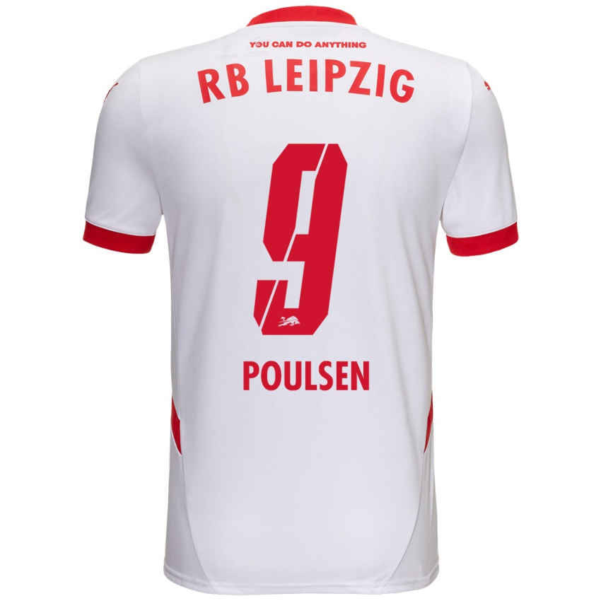 Mænd Yussuf Poulsen #9 Hvid Rød Hjemmebane Spillertrøjer 2024/25 Trøje T-Shirt