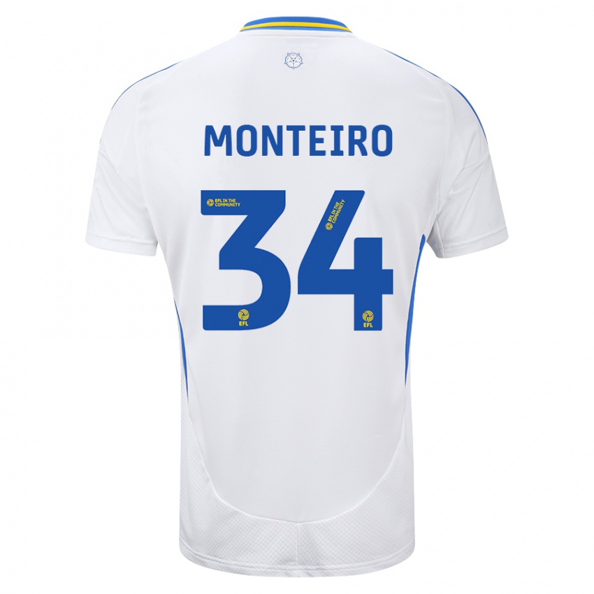 Børn Diogo Monteiro #34 Hvid Blå Hjemmebane Spillertrøjer 2024/25 Trøje T-Shirt