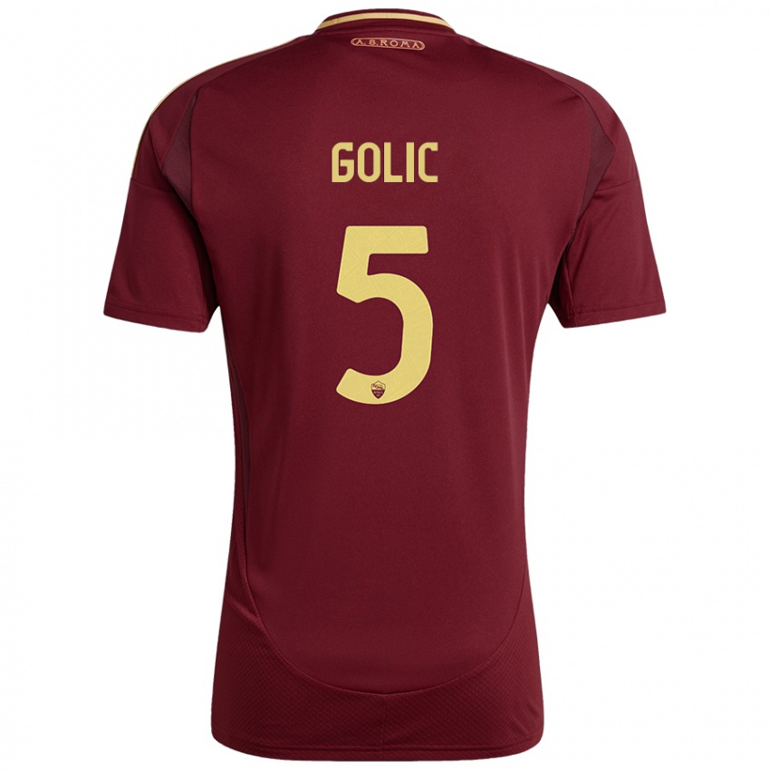 Børn Lovro Golic #5 Rød Brun Guld Hjemmebane Spillertrøjer 2024/25 Trøje T-Shirt