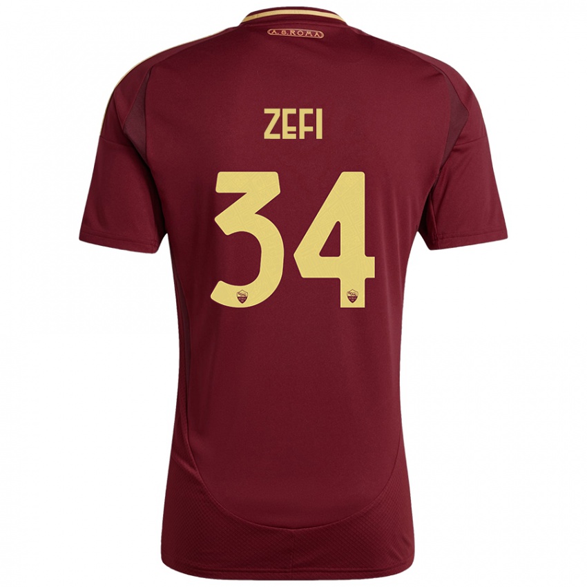 Børn Kevin Zefi #34 Rød Brun Guld Hjemmebane Spillertrøjer 2024/25 Trøje T-Shirt