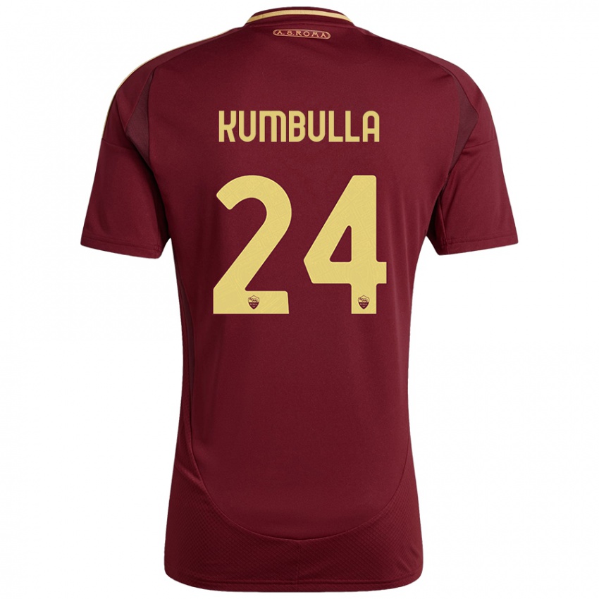 Børn Marash Kumbulla #24 Rød Brun Guld Hjemmebane Spillertrøjer 2024/25 Trøje T-Shirt