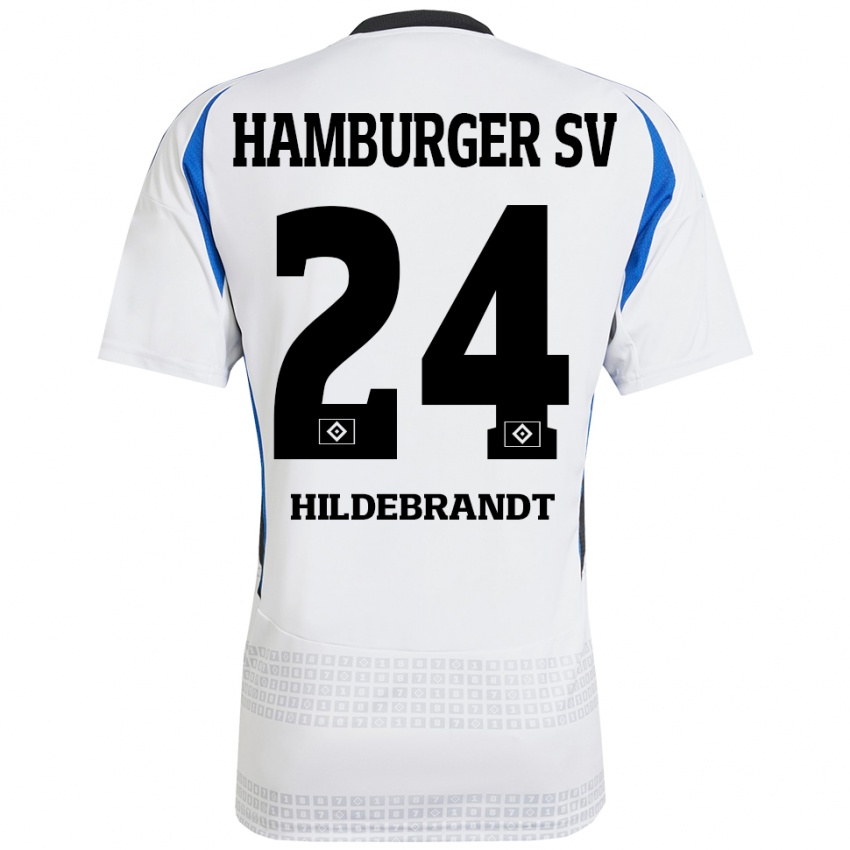 Børn Tjark Hildebrandt #24 Hvid Blå Hjemmebane Spillertrøjer 2024/25 Trøje T-Shirt