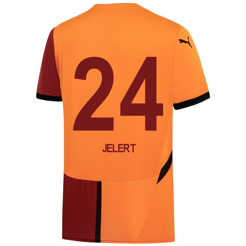 Børn Elias Jelert #24 Gul Rød Hjemmebane Spillertrøjer 2024/25 Trøje T-Shirt