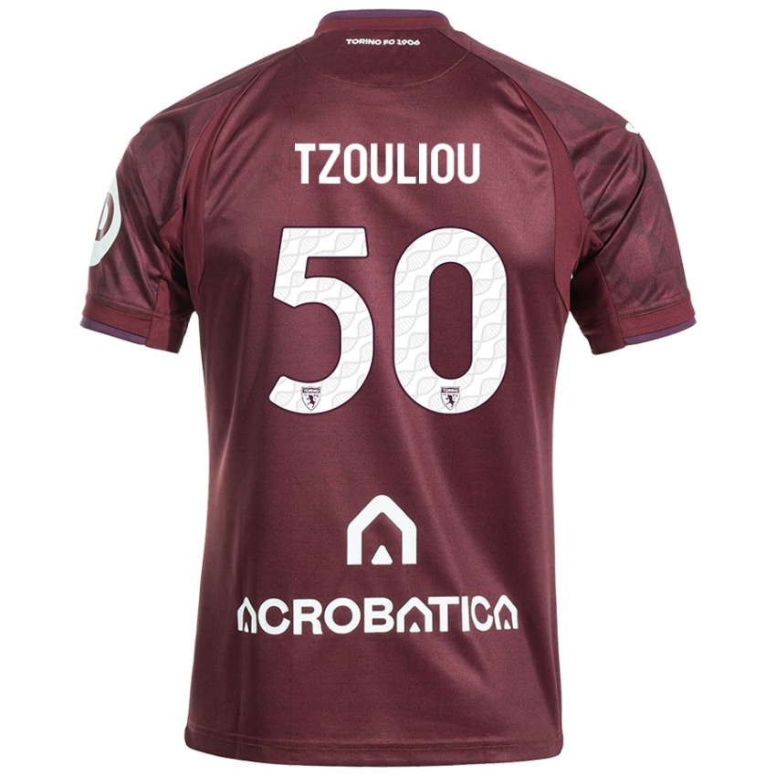 Børn Dimitrianos Tzouliou #50 Rødbrun Hvid Hjemmebane Spillertrøjer 2024/25 Trøje T-Shirt