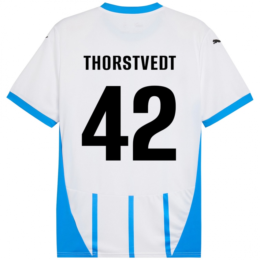 Børn Kristian Thorstvedt #42 Hvid Blå Udebane Spillertrøjer 2024/25 Trøje T-Shirt