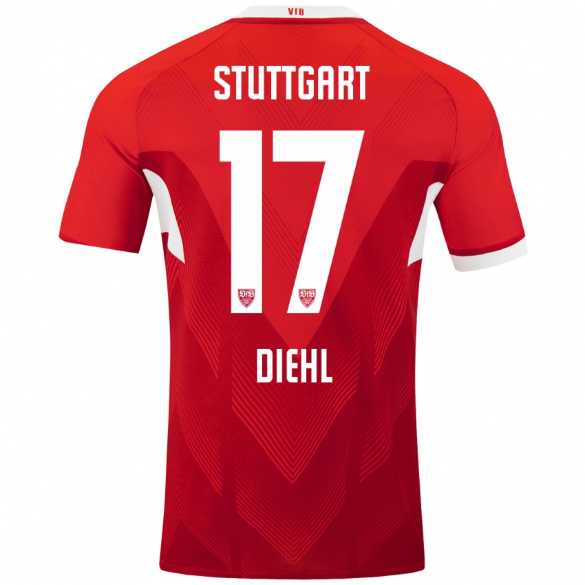 Børn Justin Diehl #17 Rød Hvid Udebane Spillertrøjer 2024/25 Trøje T-Shirt