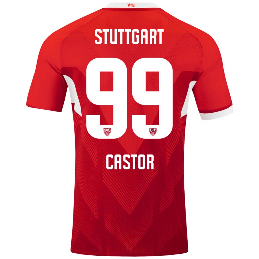 Børn Gillian Castor #99 Rød Hvid Udebane Spillertrøjer 2024/25 Trøje T-Shirt