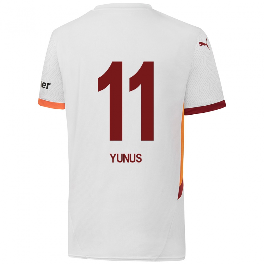 Børn Yunus Akgün #11 Hvid Gul Rød Udebane Spillertrøjer 2024/25 Trøje T-Shirt