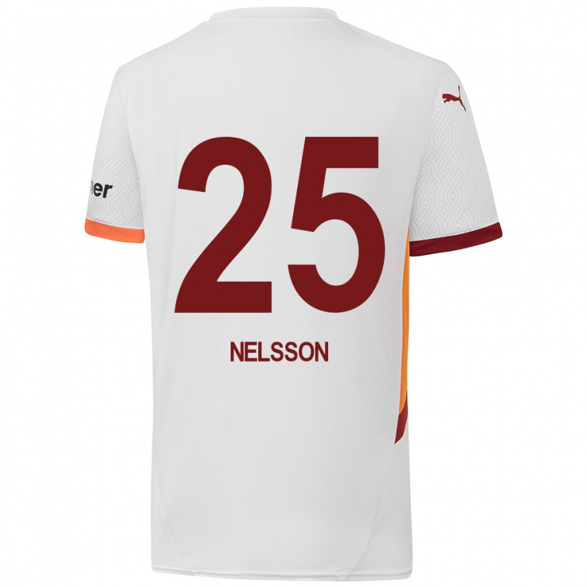 Børn Victor Nelsson #25 Hvid Gul Rød Udebane Spillertrøjer 2024/25 Trøje T-Shirt