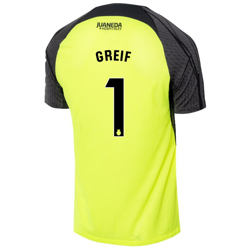 Børn Dominik Greif #1 Fluorescerende Grøn Sort Udebane Spillertrøjer 2024/25 Trøje T-Shirt