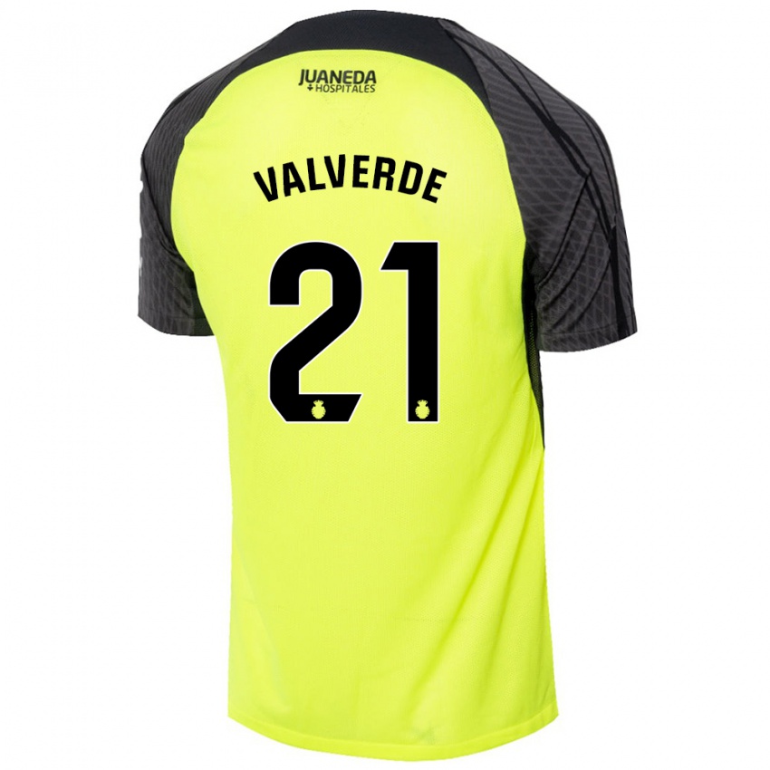 Børn David Valverde #21 Fluorescerende Grøn Sort Udebane Spillertrøjer 2024/25 Trøje T-Shirt