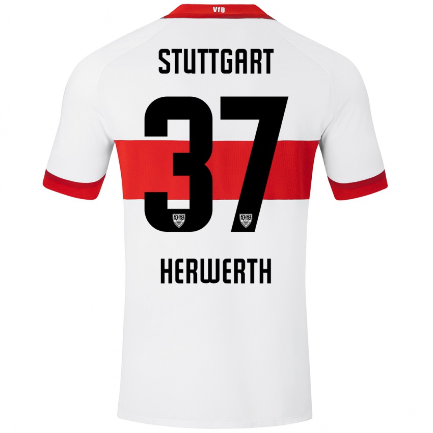 Mænd Maximilian Herwerth #37 Hvid Rød Hjemmebane Spillertrøjer 2024/25 Trøje T-Shirt