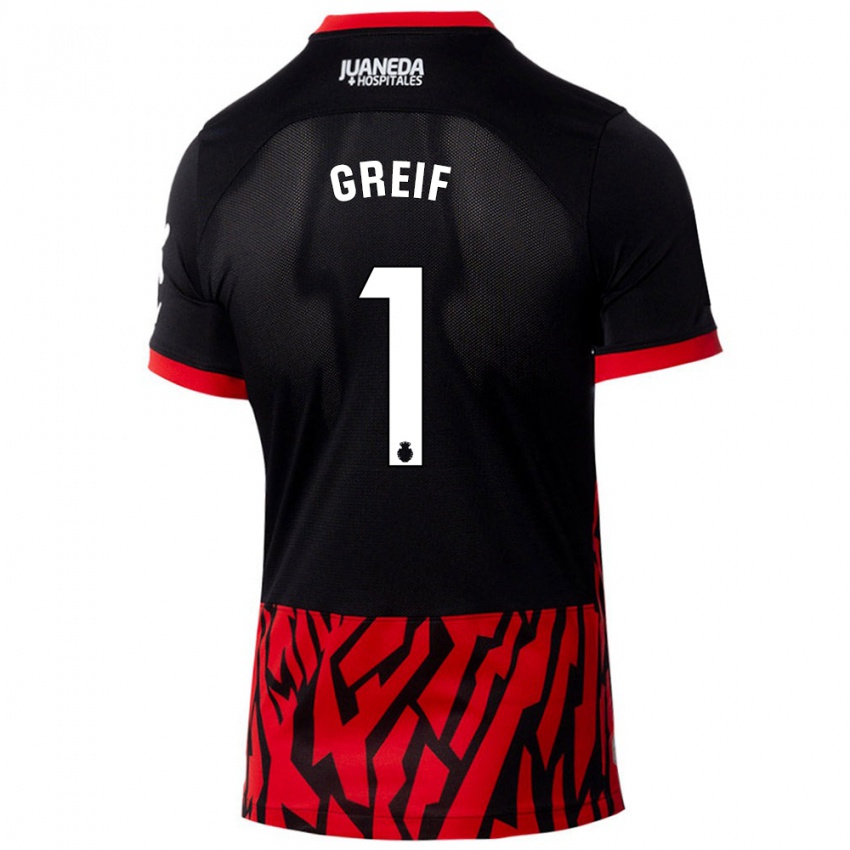 Mænd Dominik Greif #1 Sort Rød Hjemmebane Spillertrøjer 2024/25 Trøje T-Shirt